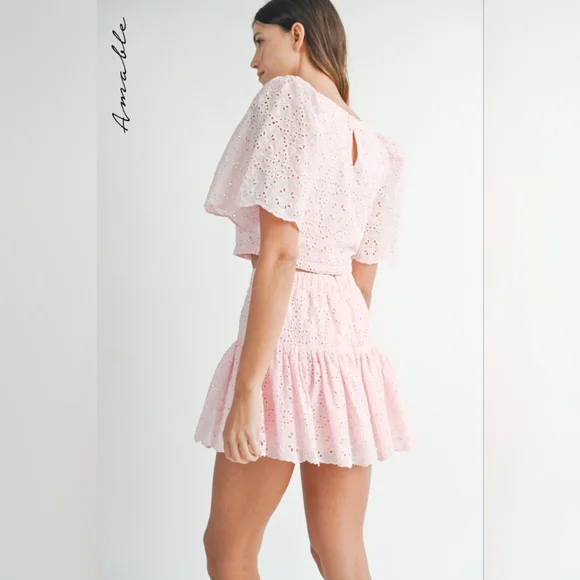 Amabelle By Mabel Eyelet Lace Puff Sleeve Crop Top & Skirt Set Size Small - Picture 3 of 12